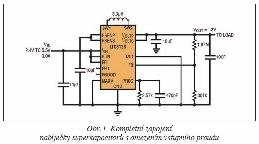 Obr. 1 Kompletní zapojení nabíječky superkapacitorů s omezením vstupního proudu